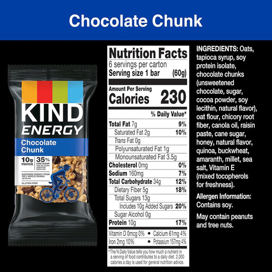 Kind Energy Bars, Chocolate Chunk, Healthy Snacks, Gluten Free, 30 Count