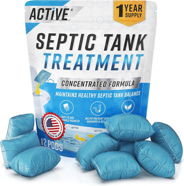 Septic Tank System Treatment Pods - 12 Dissolving Packets | Enzyme-Producing Live Bacteria Solution | 1 Year Supply Professional Eco-Friendly Maintenance | Prevent Clogs, Odor & Backups | Made In Usa