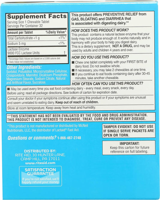 Rite Aid Fast Acting Dairy Relief Chewable Tablets, Vanilla Flavor - 32 Ct. | Lactase Enzyme Supplement | Gas & Bloating Relief | Lactose Intolerance Pills | Dairy Relief Pills | Enzymes for Digestion