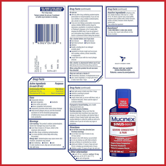 Mucinex Severe Congestion & Pain Relief, Sinus-Max Max Strength, 6Oz Clears Sinus & Nasal Congestion, Relieves Headache & Fever, Thins & Loosens Mucus
