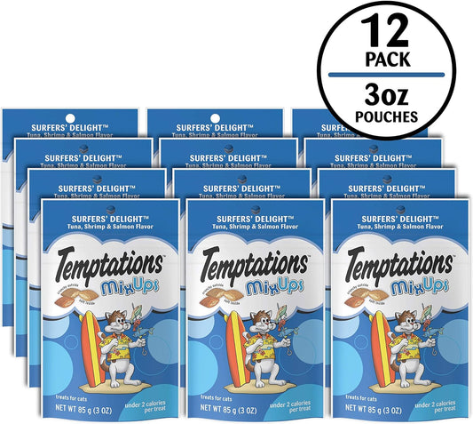 TEMPTATIONS MIXUPS Crunchy and Soft Cat Treats SURFERS' DELIGHT Flavor, (12) 3 oz. Pouches