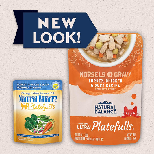 Natural Balance Original Ultra Platefulls Adult Grain-Free Wet Cat Food, Turkey, Chicken & Duck Recipe In Gravy, 3 Oz (Pack Of 24)