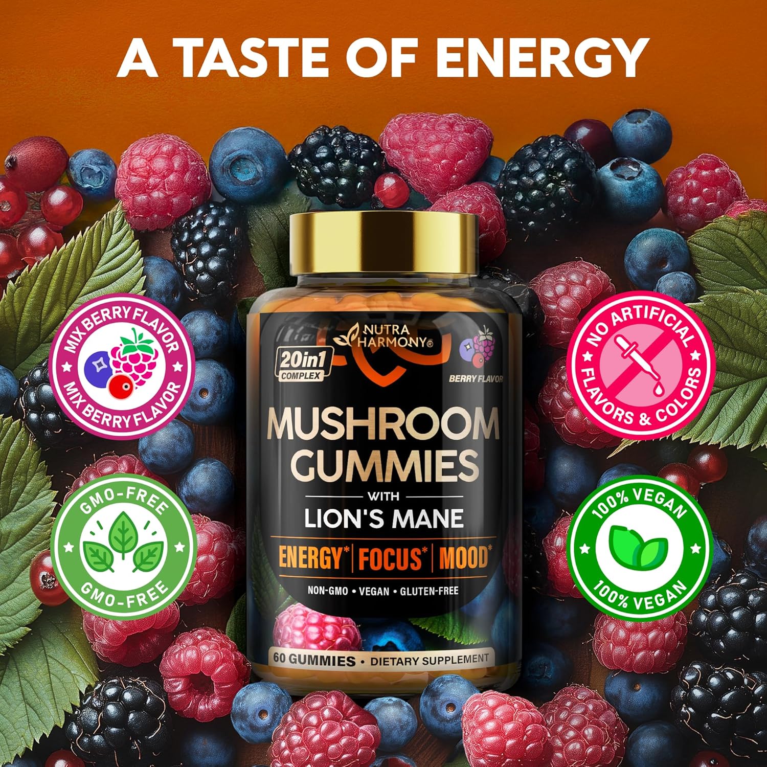 Buy Mushroom Gummies - Lions Mane | Turkey Tail | Cordyceps | Reishi & Chaga - 20-In-1 Natural Mushroom Supplement 1050 Mg - Energy, Focus, Mood & Cognitive Support - Vegan, Berry Flavor - 60 Gummies On  Free Shipping On Qualified Orders