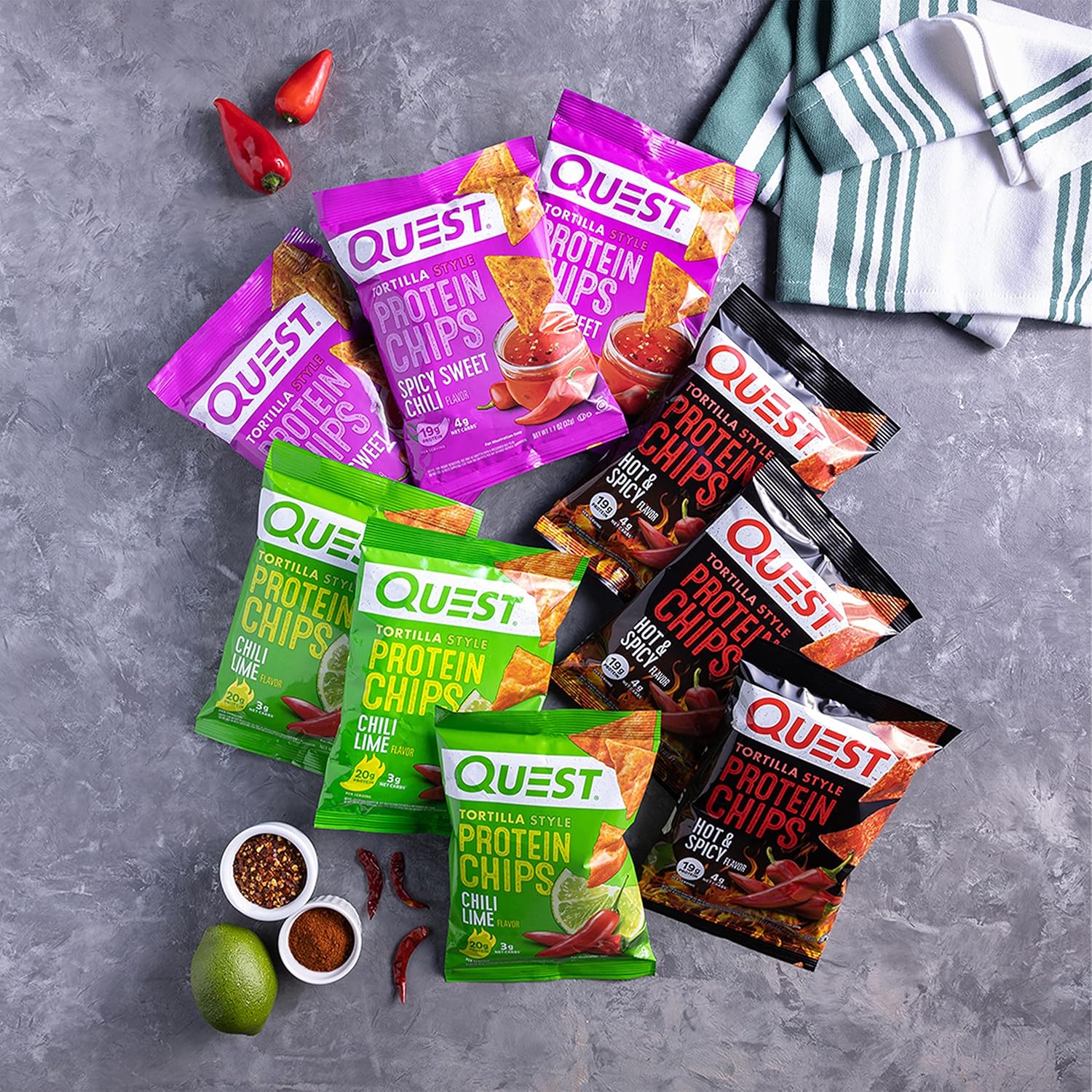 Quest Nutrition Tortilla Style Protein Chips Variety Pack, Chili Lime, Hot & Spicy, & Spicy Sweet Chili, 12 Count (3 Each Flavor)