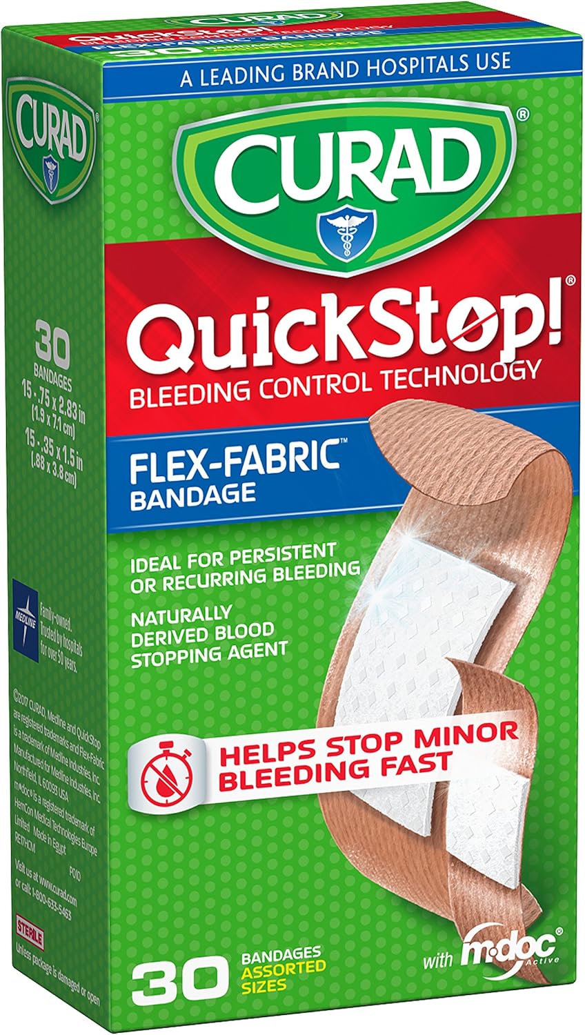 Curad Quickstop Flex Fabric Bandages, Assorted, 30/Box