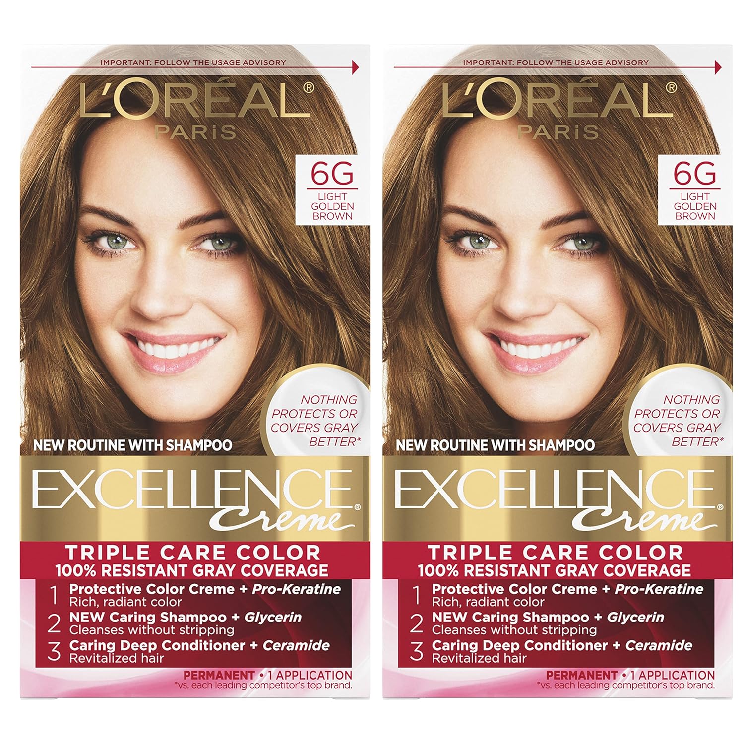 L'Oral Paris Excellence Crme Permanent Hair Color, 6G Light Golden Brown, 2 Count 100% Gray Coverage Hair Dye