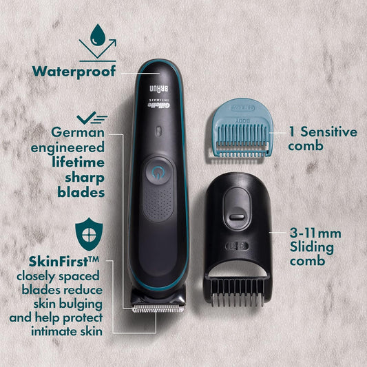 Gillette Men'S Pubic Trimmer, Skinfirst, Waterproof, Cordless, Wet/Dry Use, W/Intimate Pubic Anti-Chafe Stick, Reduces Rubbing & Irritation