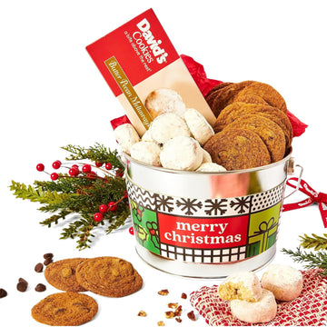 David’S Cookies Merry Christmas Assorted Cookies Bucket With Thin Crispy Cookies And Pecan Meltaways Treats – Gourmet Holiday Cookies Gift Basket - All Natural Christmas Cookies Gift