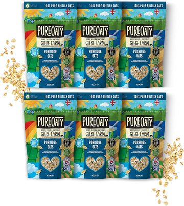 Glebe Farm Gluten Free Pureoaty Organic Porridge Oats 6Pk, Healthy Wholegrain For Slow Release Energy, 100% British, All-Natural & High In Fibre, Tasty Porridge, No Nasties, 6X 450G
