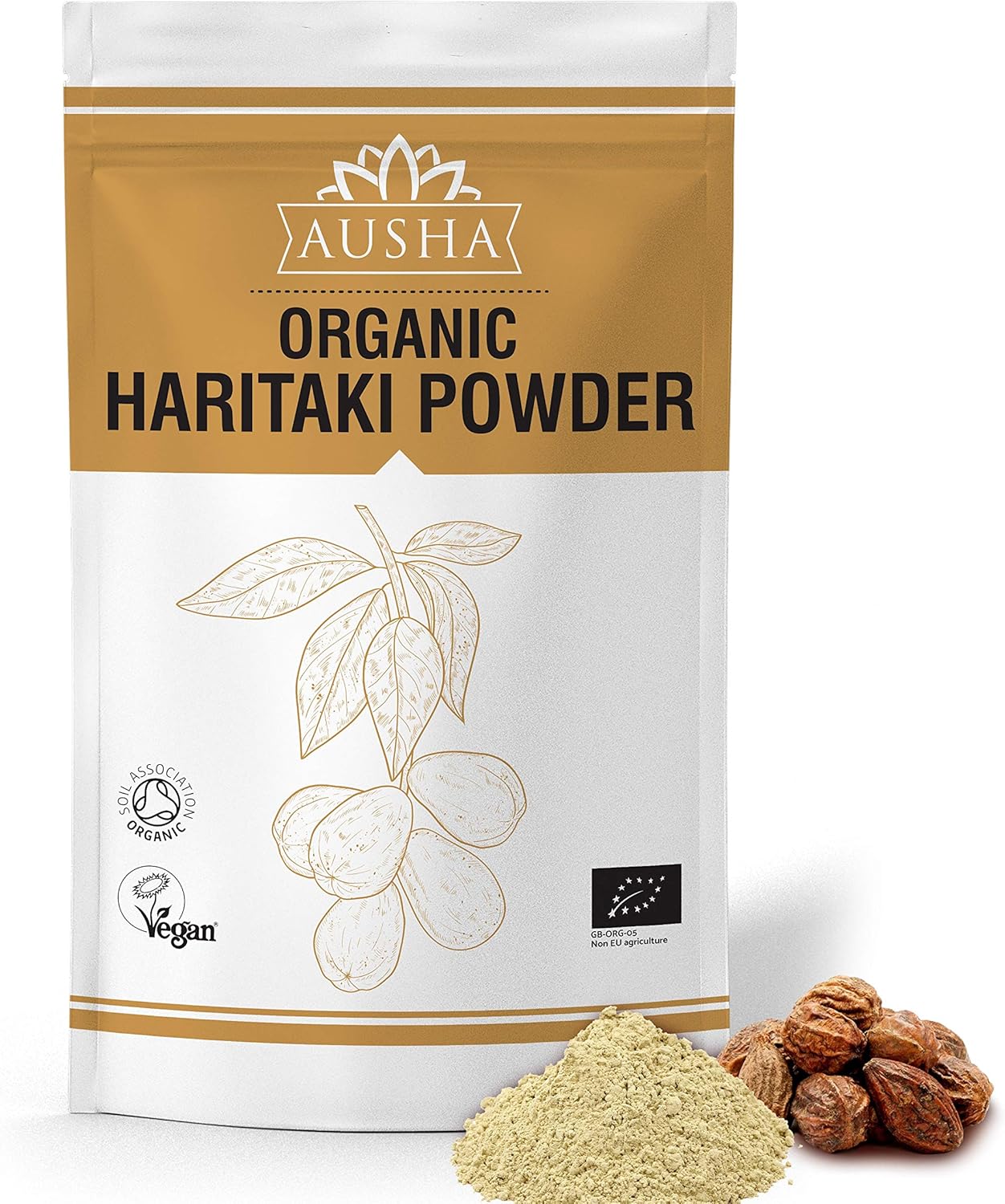 Ausha Organic Haritaki Powder 100G - Uk Certified Organic By Soil Association - Gut Health, Constipation Relief, Immunity, Digestion