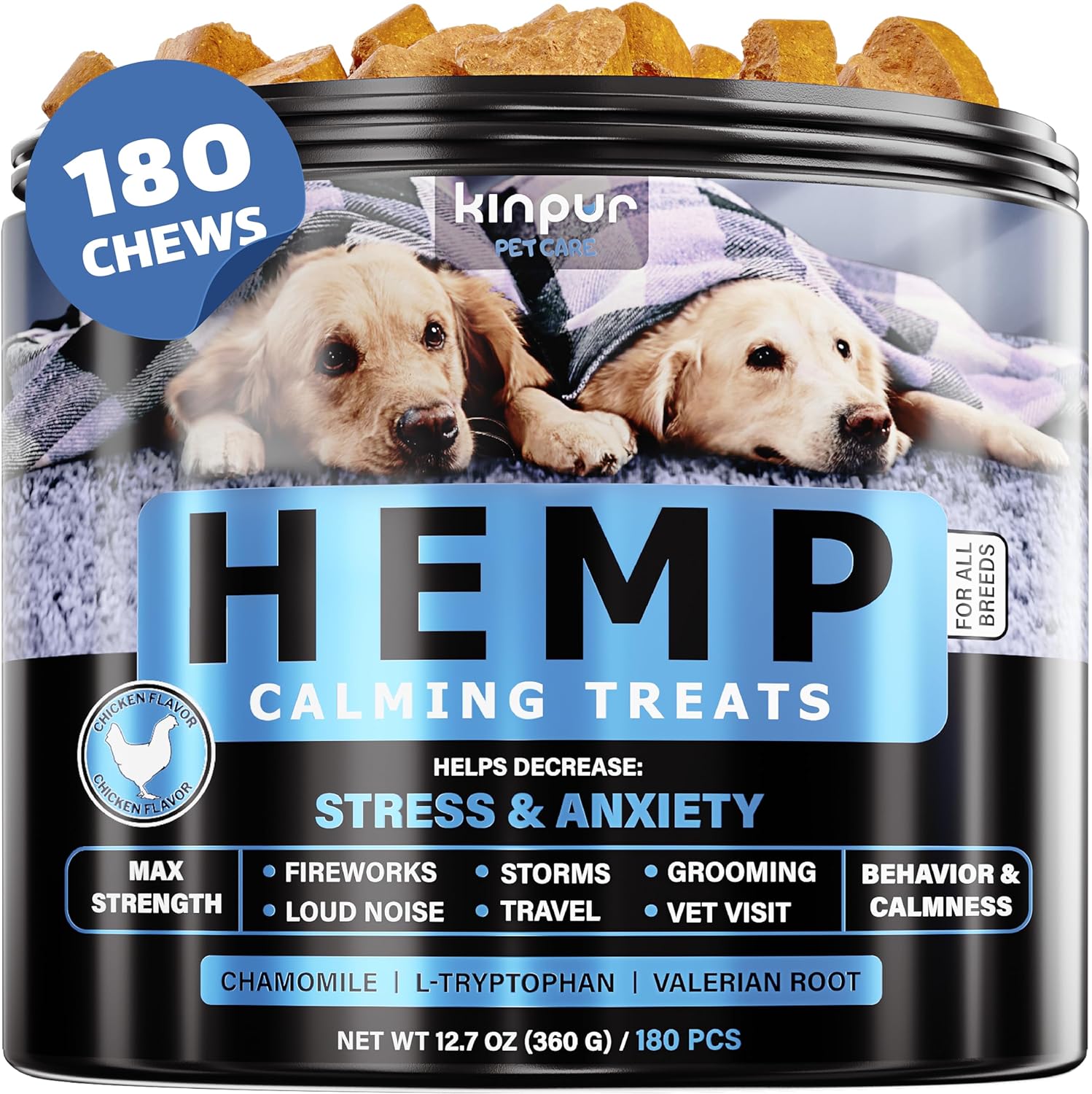 Natural Calming Chews For Dogs With Hemp Oil And Valerian Root - Aid During Fireworks, Thunderstorms, Separation - Hip And Joint Health - Dog Calming Treats With Chicken Flavor - All Breeds