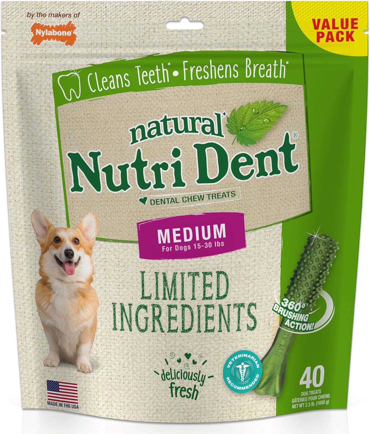 Nylabone Nutri Dent Dog Dental Treats - Natural Dog Teeth Cleaning & Breath Freshener - Dental Treats for Dogs - Fresh Breath Flavor, Medium (40 Count)