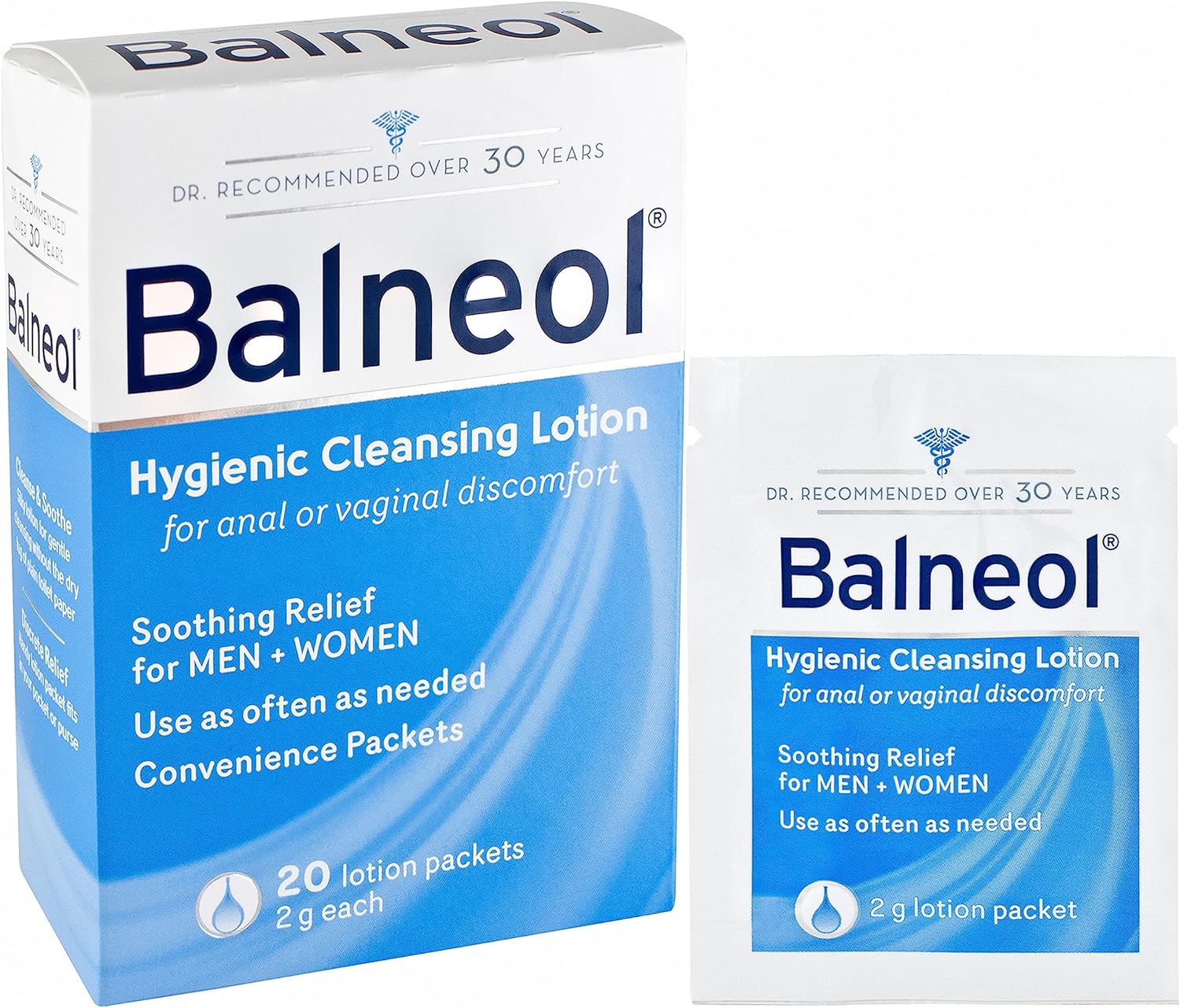 BALNEOL Hygienic Cleansing Lotion Packets, Men & Women, Cleans, Soothes & Moisturizes, Relieves Anal & Vaginal Irritation & Itching, Safe For Pregnancy, Post-partum, Diarrhea & Hemorrhoids, 2G x 20 Ct