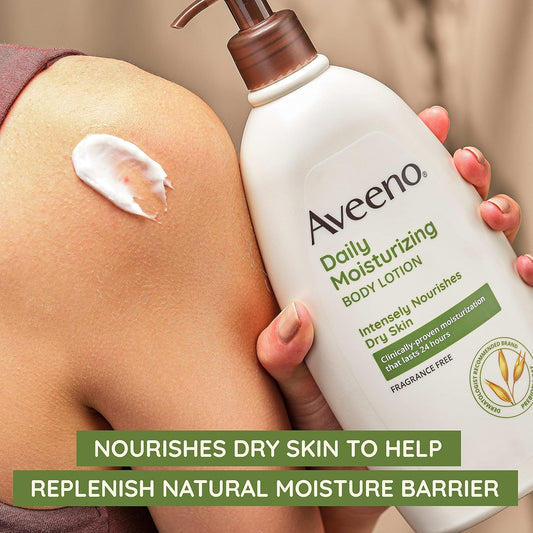 Aveeno Daily Moisturizing Body Lotion With Soothing Prebiotic Oat, Gentle Lotion Nourishes Dry Skin With Moisture, Paraben-, Dye- & Fragrance-Free, Non-Greasy & Non-Comedogenic, 2 X 18 Oz