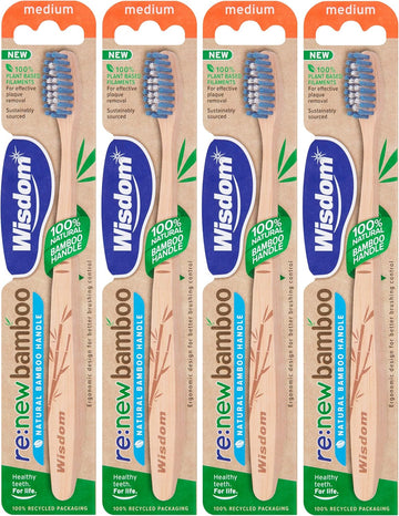 Wisdom Re:New Bamboo Medium Toothbrush - Pack Of 4 | Vegan | Plant-Based Filaments