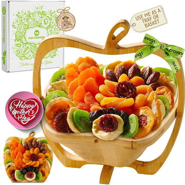 Nut Cravings Gourmet Collection - Mothers Day Dried Fruit Wooden Apple-Shaped Gift Basket + Tray (9 Assortment) Flower Arrangement Platter with Green Ribbon - Healthy Kosher USA Made