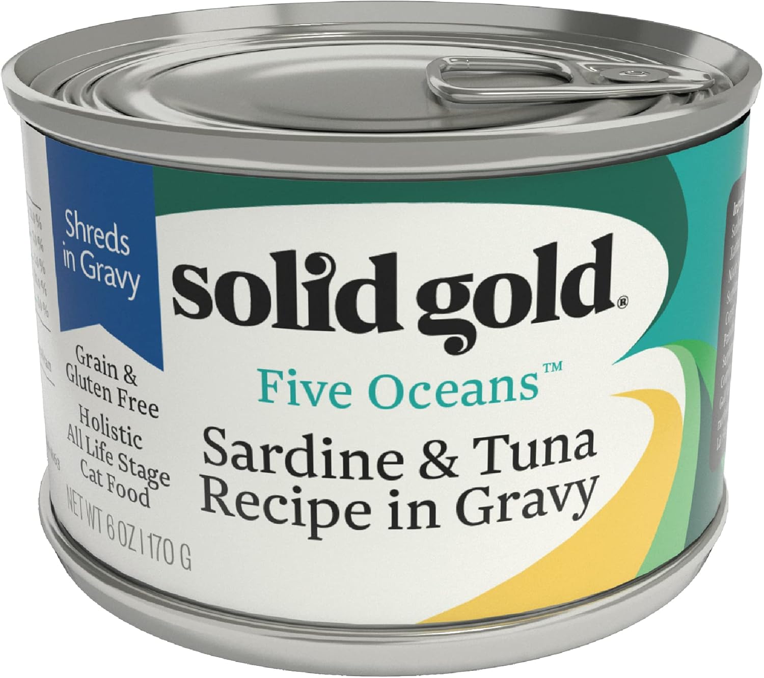 Solid Gold Wet Cat Food Shreds In Gravy - Canned Cat Food Made W/Real Tuna & Sardine - Five Oceans Grain Free 8Ct/6Oz Can