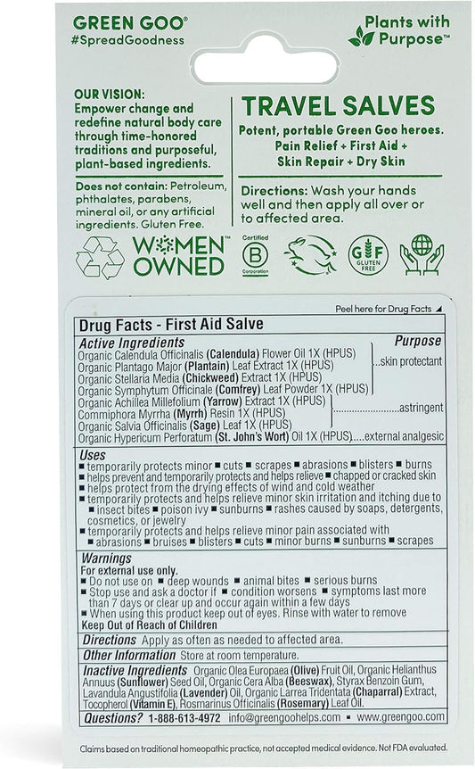 Green Goo Everyday Essential Travel Salves Set, All-Natural Dry Skin Salve, Skin Repair Salve, First Aid Salve & Pain Relief Salve, .15 Oz (4 Tubes)