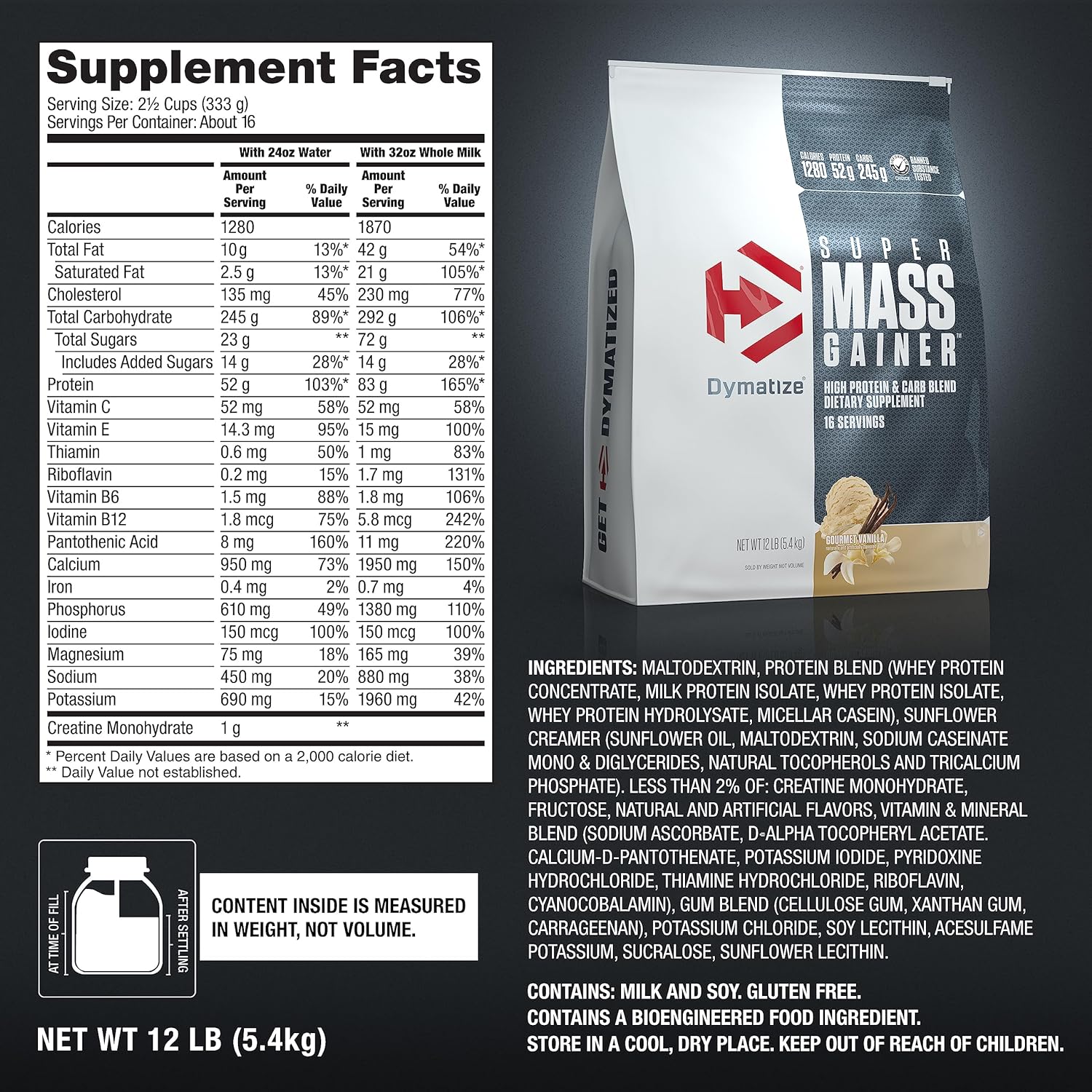 Dymatize Super Mass Gainer Protein Powder, 1280 Calories & 52g Protein, 10.7g BCAAs, Mixes Easily, Tastes Delicious, Gourmet Vanilla, 12 lbs : Health & Household