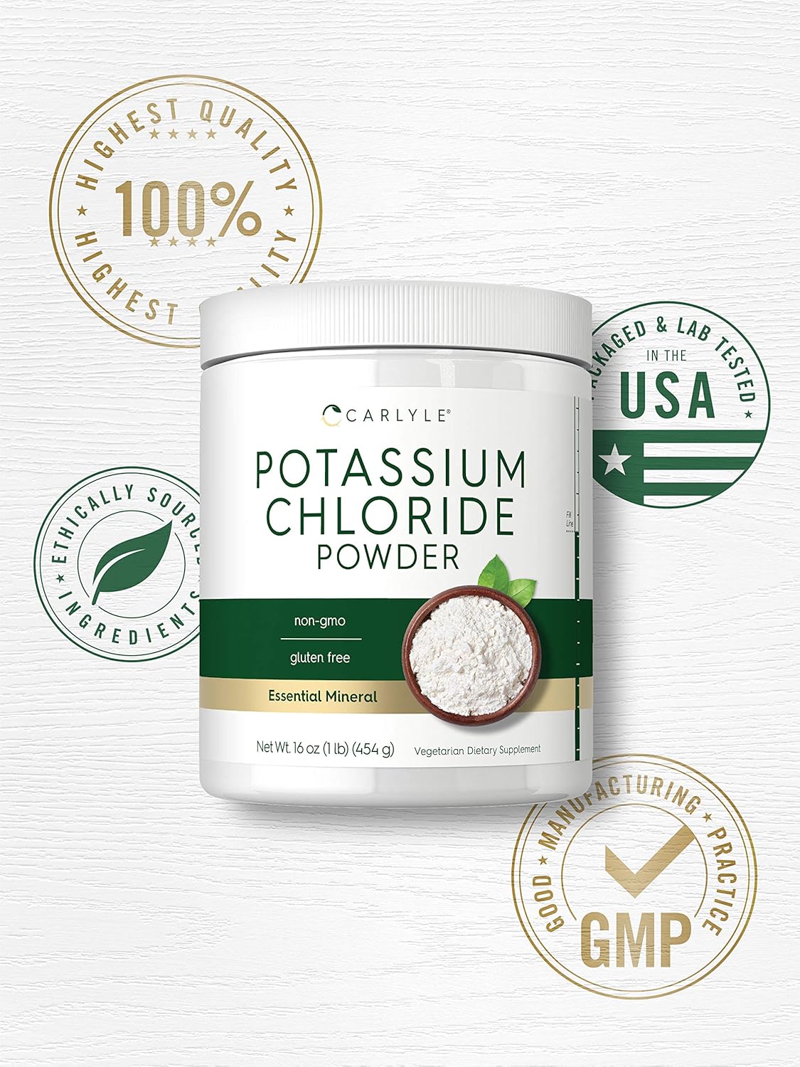 Carlyle Potassium Chloride Powder Supplement 16 oz | Food Grade | Salt Substitute | Vegan, Vegetarian, Non-GMO, Gluten Free : Health & Household