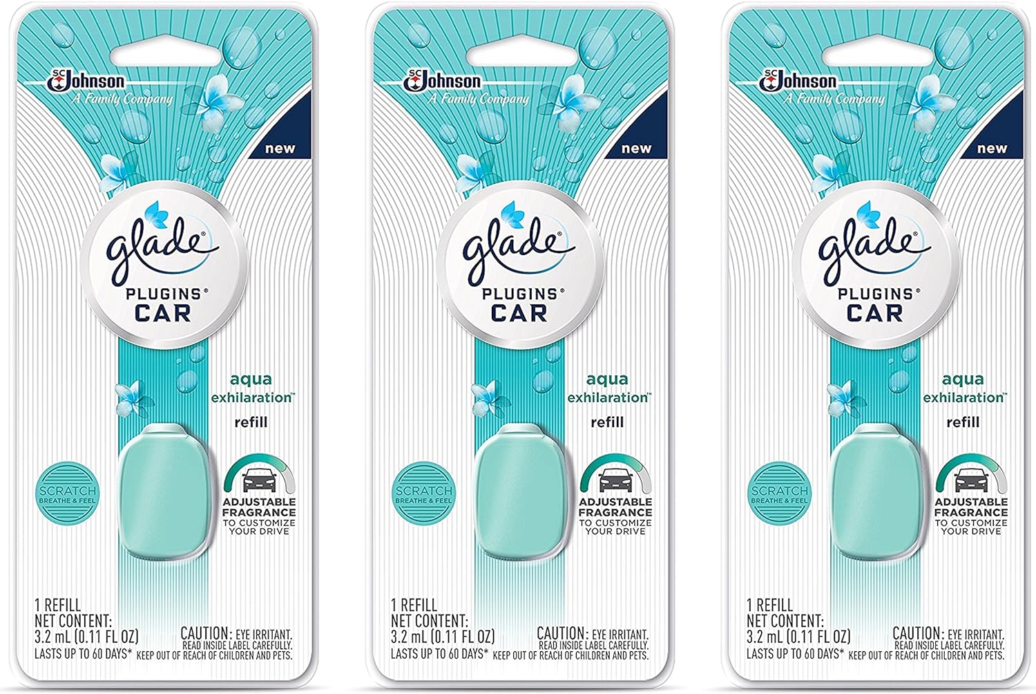 Glade Plugins Car Refill - Aqua Exhilaration - Net Wt. 3.2 mL (0.11 FL OZ) Per Refill - Pack of 3 Refills