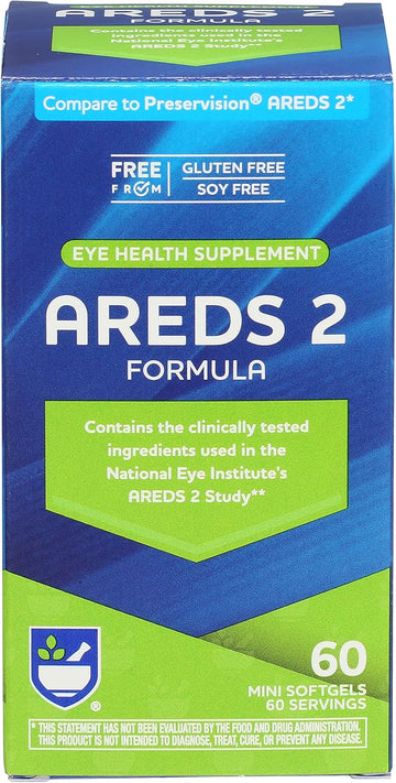 Rite Aid Areds 2 Softgels - 60 Count, Macular Support For Eye And Vision Health, Contains Lutein, Vitamin C, Zeaxanthin, Zinc & Vitamin E, Gluten Free And Soy Free