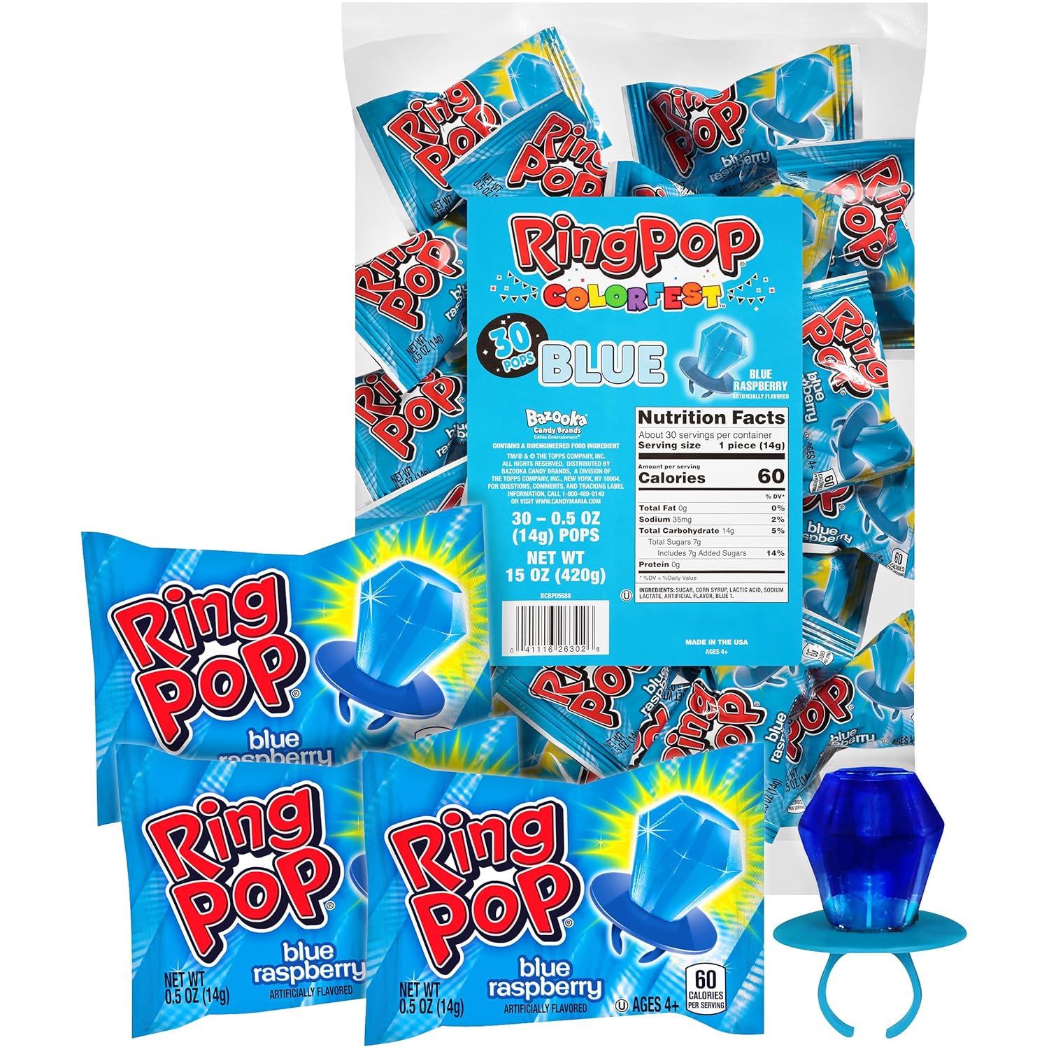 Ring Pop Individually Wrapped Blue Raspberry 30 Count Bulk Lollipop Pack – Blue Raspberry Flavored Lollipop Suckers For Kids - Fun Candy Bulk For Gender Reveal Parties, Bachelorettes, & Party Favors