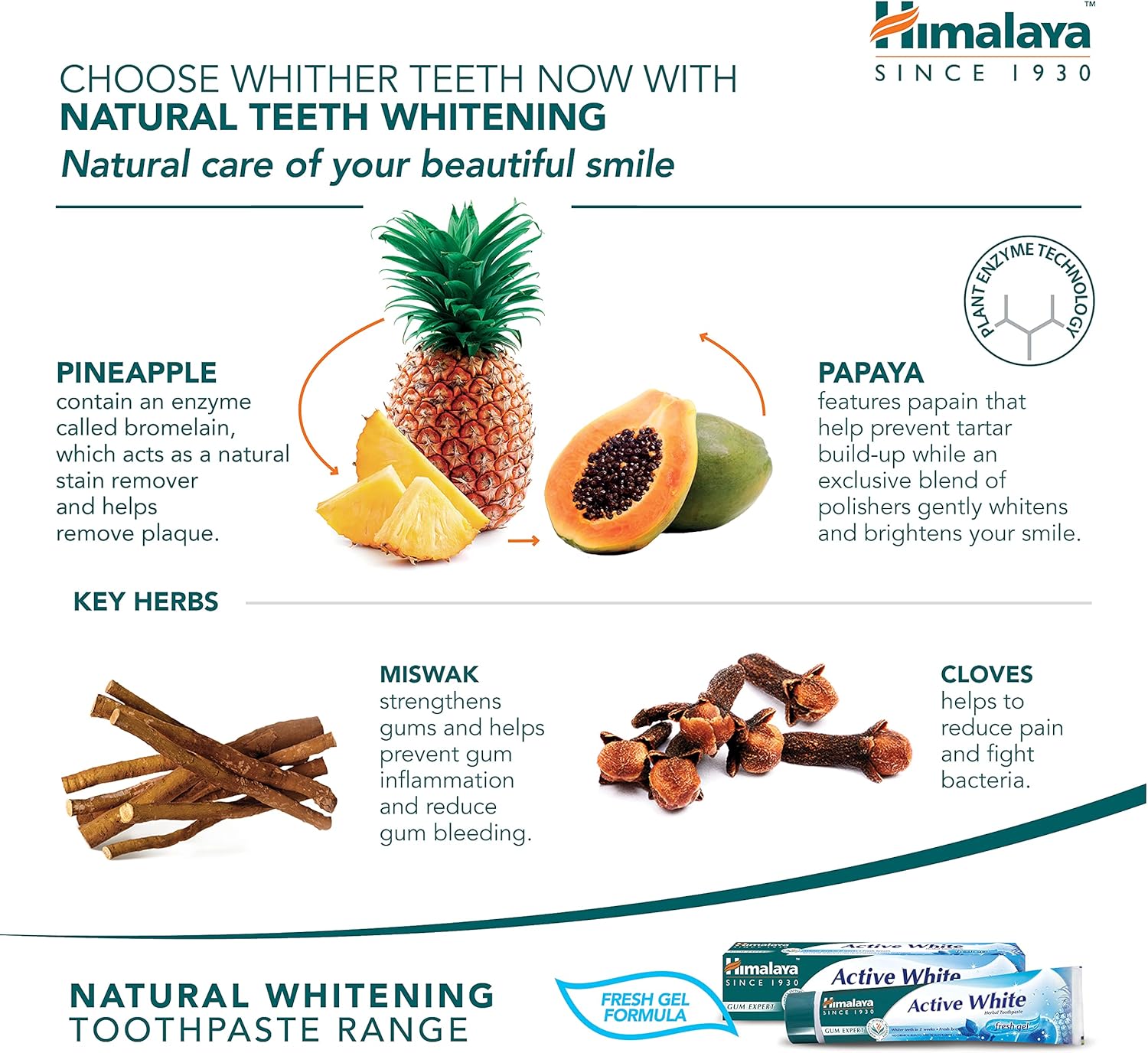 Himalaya Active White Gel | Herbal Toothpaste With Fruit Enzymes |Teeth Whitening |Anti Bacterial For Full Mouth Protection |Paraben And Bleach Free|100% Vegetarian -75 Ml (Pack Of 2)