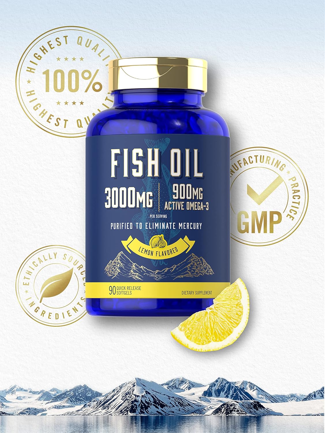 Carlyle Fish Oil 3000mg | 900mg Omega 3 | 90 Softgels | Lemon Flavor | Non-GMO and Gluten Free Supplement : Health & Household