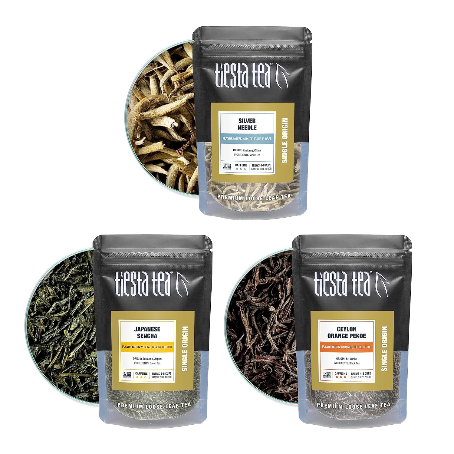 Tiesta Tea Single Origin Tea Sampler Set, Up To 56 Cups, Low To High Caffeine, Hot & Iced Tea, Loose Leaf Tea Variety Pack With Green, White, Black & Oolong Tea, 7 Sample Pouches