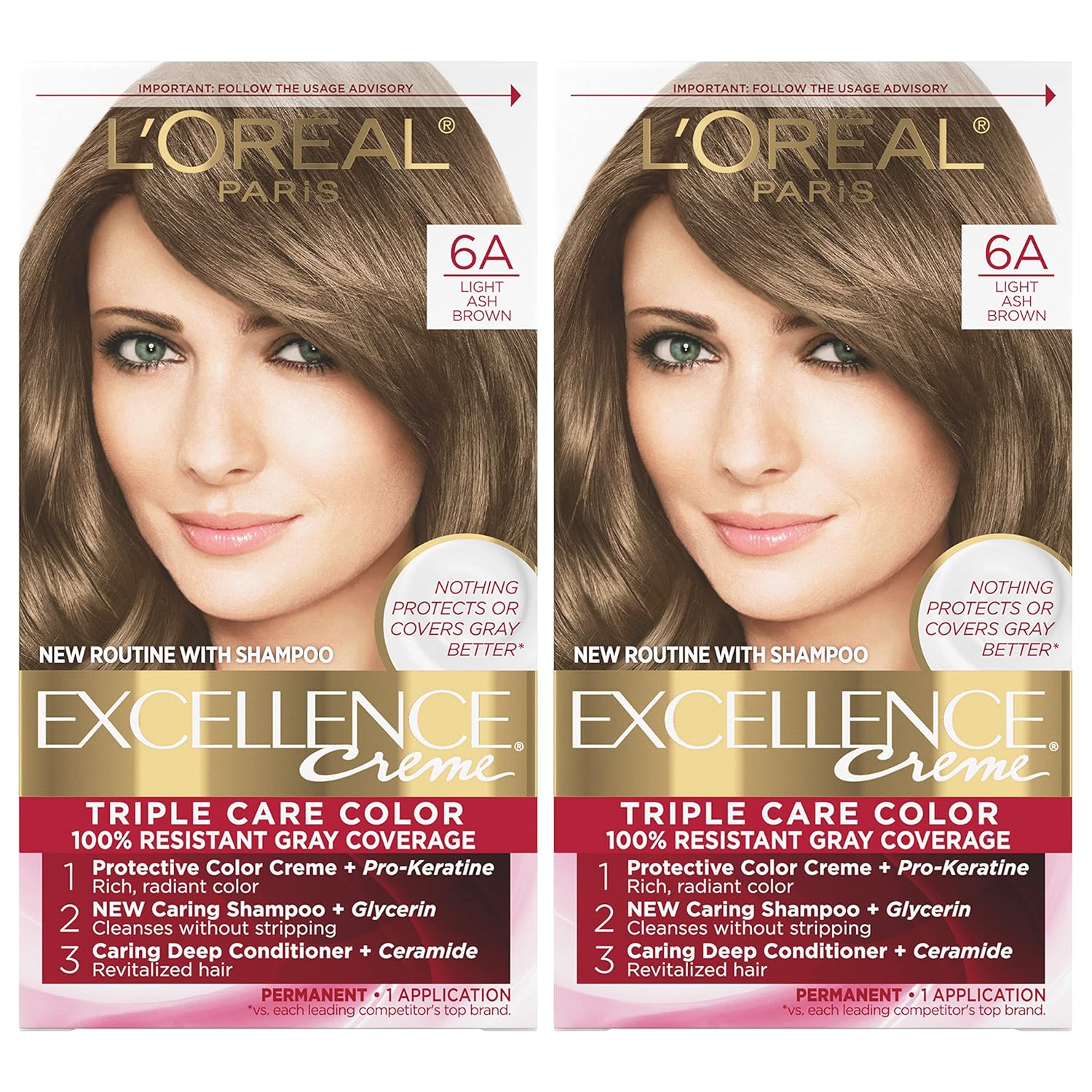 L'Oreal Paris Excellence Creme Permanent Hair Color, 6A Light Ash Brown, 100 Percent Gray Coverage Hair Dye, Pack Of 2