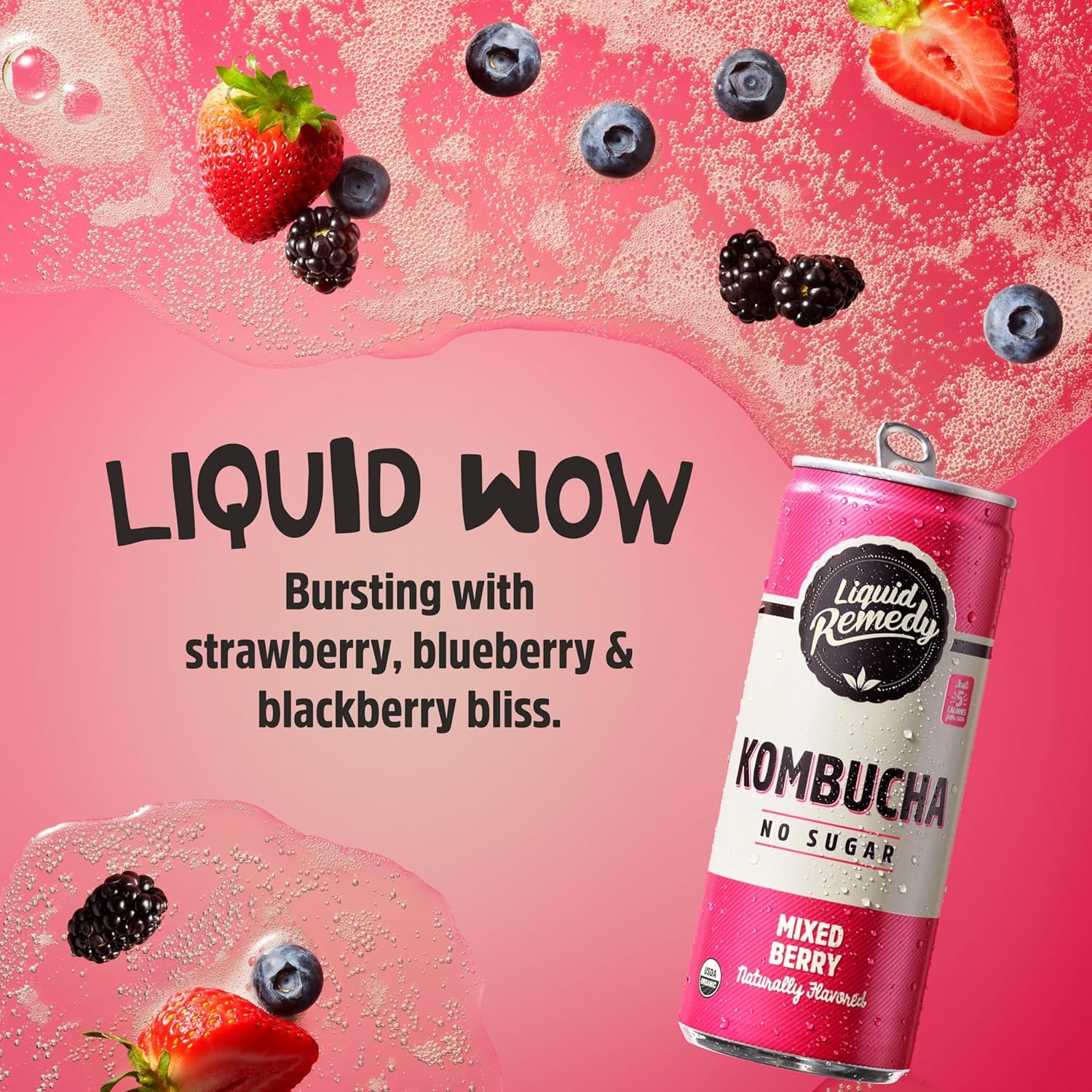 Liquid Remedy Kombucha Sugar Free Organic Drink, Low Calorie, Probiotic Like Tea For Gut Health - Mixed Berry - 8.5 Fl Oz Can, 24-Pack