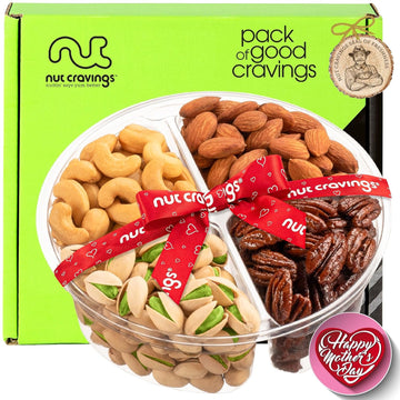 Nut Cravings Gourmet Collection - Mothers Day Mixed Nuts Gift Basket + Heart Ribbon (4 Assortments) Arrangement Platter, Birthday Care Package - Healthy Kosher USA Made