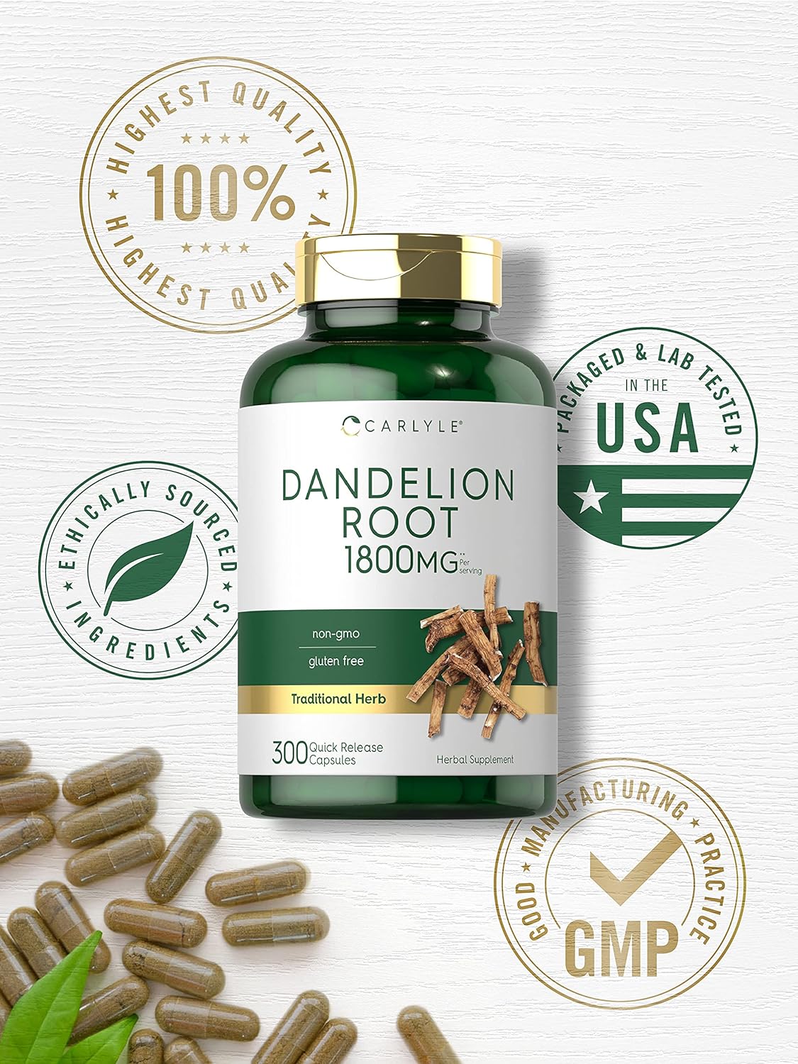 Carlyle Dandelion Root | 1800mg | 300 Capsules | Non-GMO, Gluten Free Supplement : Health & Household