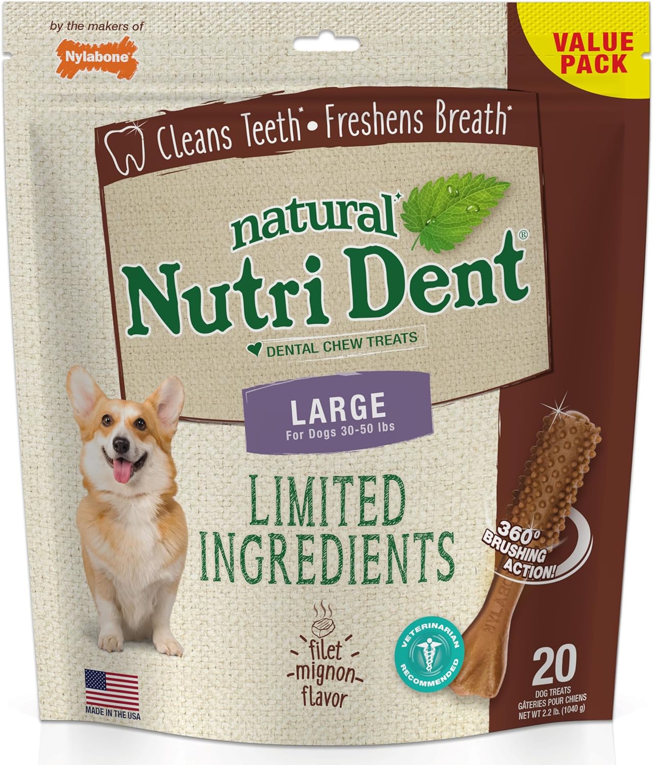Nylabone Nutri Dent Dog Dental Chews - Natural Dog Teeth Cleaning & Breath Freshener - Dental Treats for Dogs - Filet Mignon Flavor, Large (20 Count)