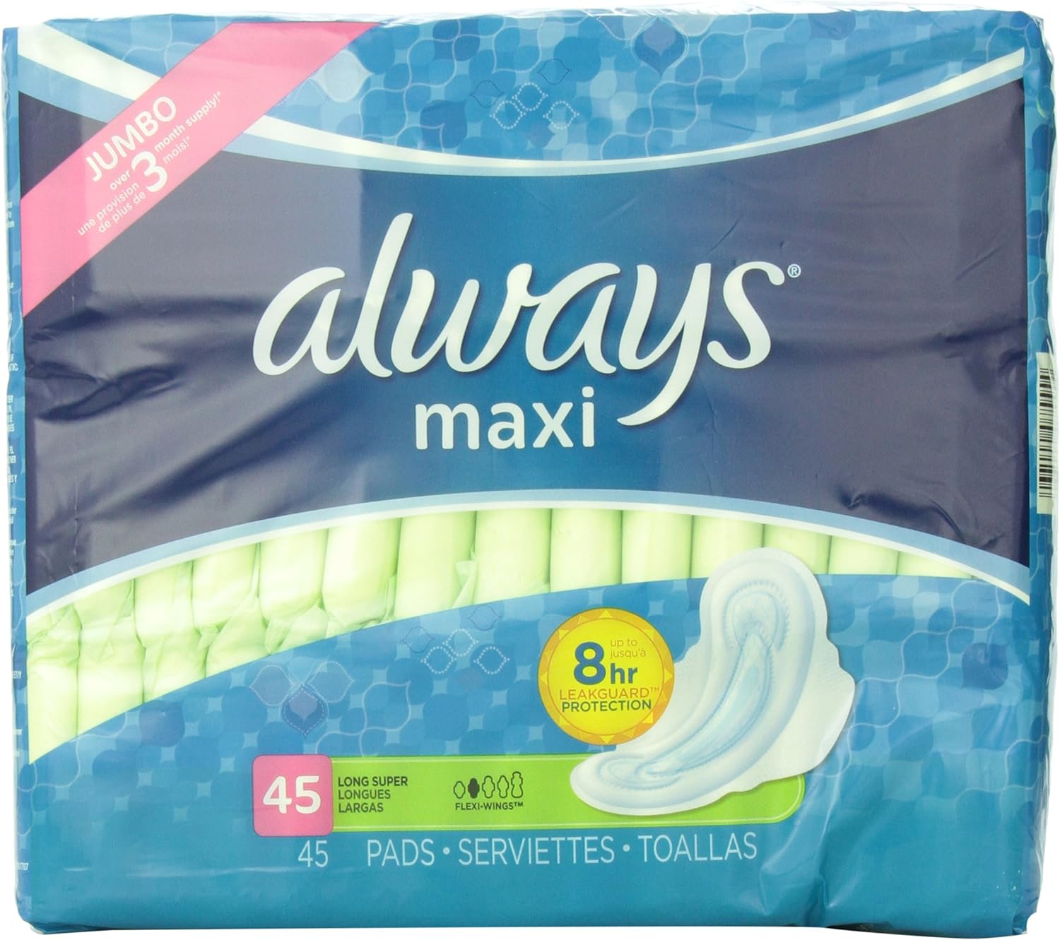 Always Maxi Unscented Pads with Wings, Long/Super, 45 Count