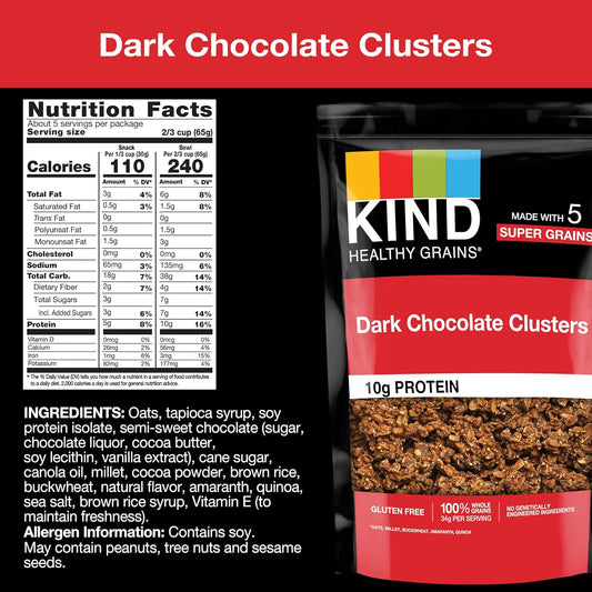 Kind Healthy Grains Granola, Healthy Snack, Dark Chocolate Granola Clusters, 10G Protein, Snack Mix 11 Oz, 1 Count