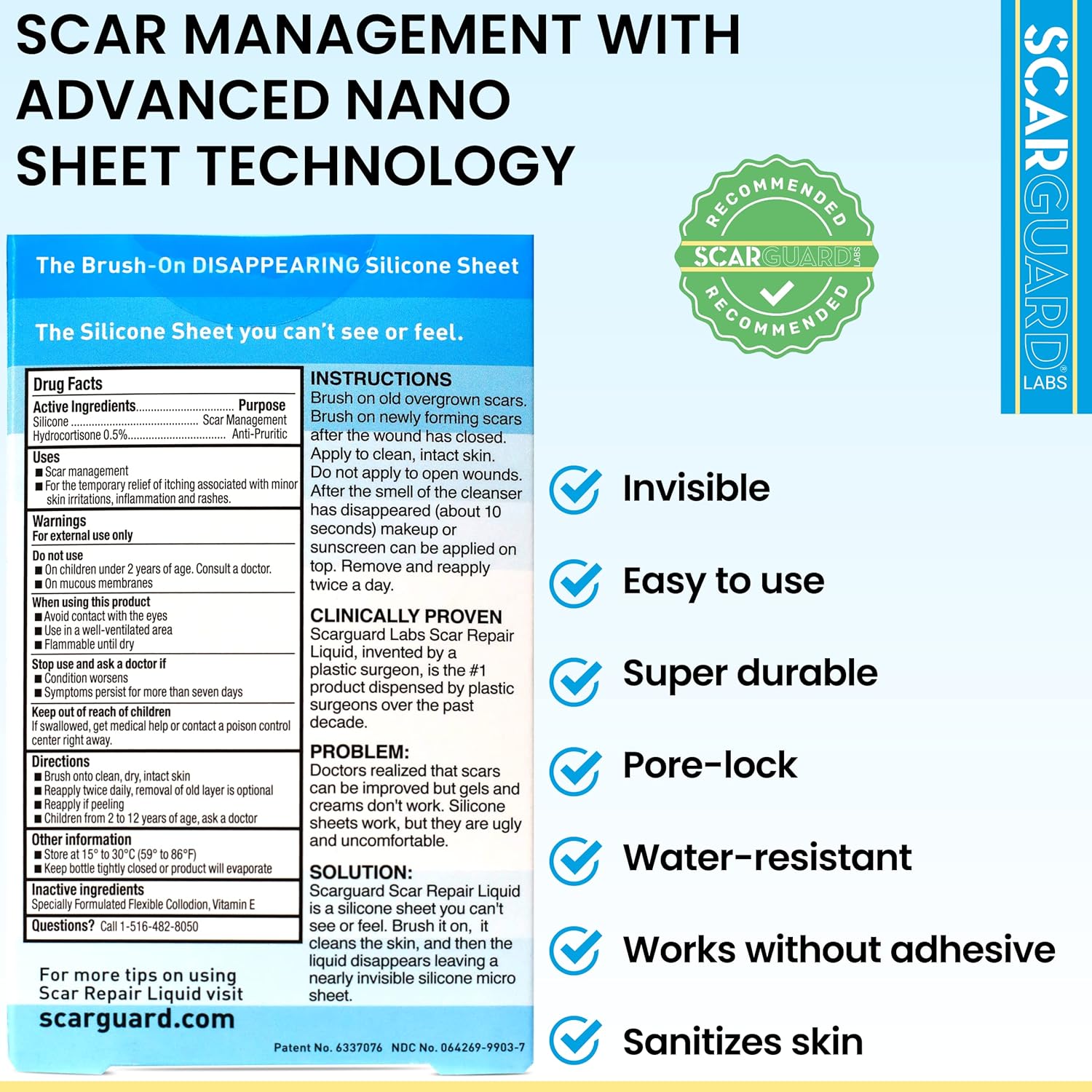 Scarguard - Invisible Brush-On Silicone Sheet with Vitamin E - Scar Removal for Keloids, Burn Scars, Surgery Scars, Stitches, Cuts - No Ugly Scar Sheets, Cream or Messy Scar Gel Needed : Scar Reducing Treatments : Health & Household