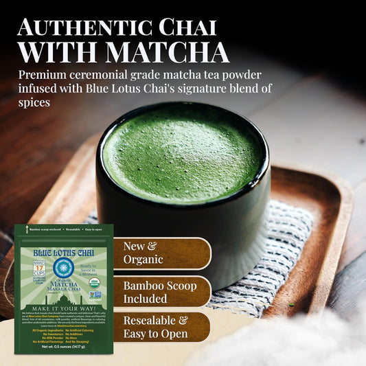 Blue Lotus Chai Tea - Organic Matcha Masala Chai - Makes 17 Cups - 0.5 Ounce Masala Spiced Chai Powder With Organic Spices - Instant Indian Tea No Steeping - No Gluten