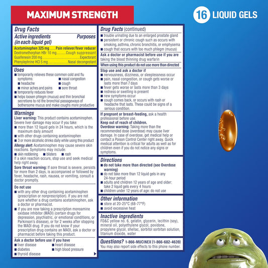 Mucinex Fast-Max Liquid Gels For Cold/Flu/Sore Throat, 16 Count