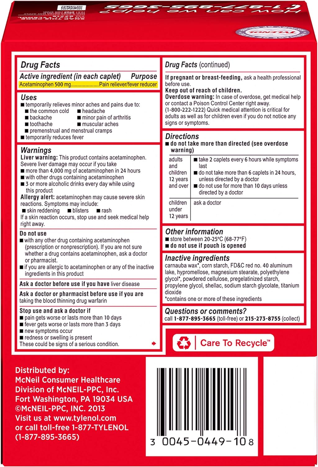 Tylenol Extra Strength Caplets with Acetaminophen, Pain Reliever & Fever Reducer, 2-Pack of 50 ct : Health & Household