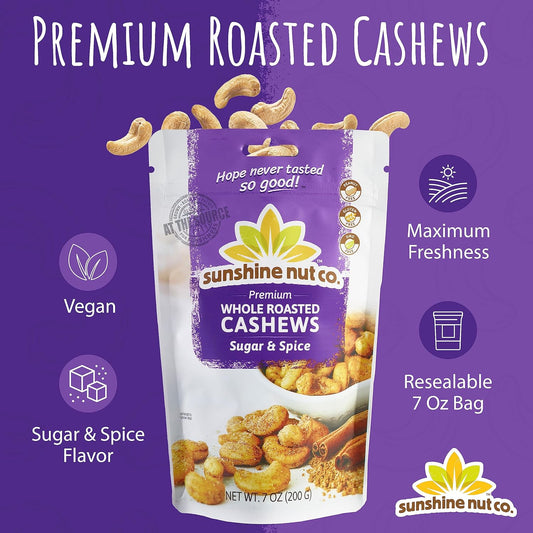 Sunshine Nut Company Whole Roasted Lightly Salted Cashews, Sprinkling Of Salt Flavor, Single 7 Oz. Bag, Gluten Free, Peanut Free And Vegan Individual Snack Packs For Kids And Adults, Gmo Free