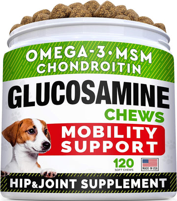 Glucosamine Treats for Dogs - Joint Supplement w/ Omega-3 Fish Oil - Chondroitin, MSM - Advanced Mobility Chews - Joint Pain Relief - Hip & Joint Care - Chicken Flavor - 120 Ct - Made in USA