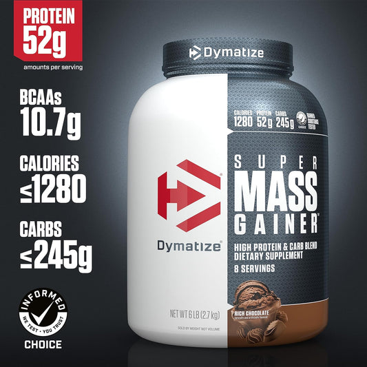 Dymatize Super Mass Gainer Protein Powder, 1280 Calories & 52G Protein, 10.7G Bcaas, Mixes Easily, Tastes Delicious, Rich Chocolate, 6 Lbs