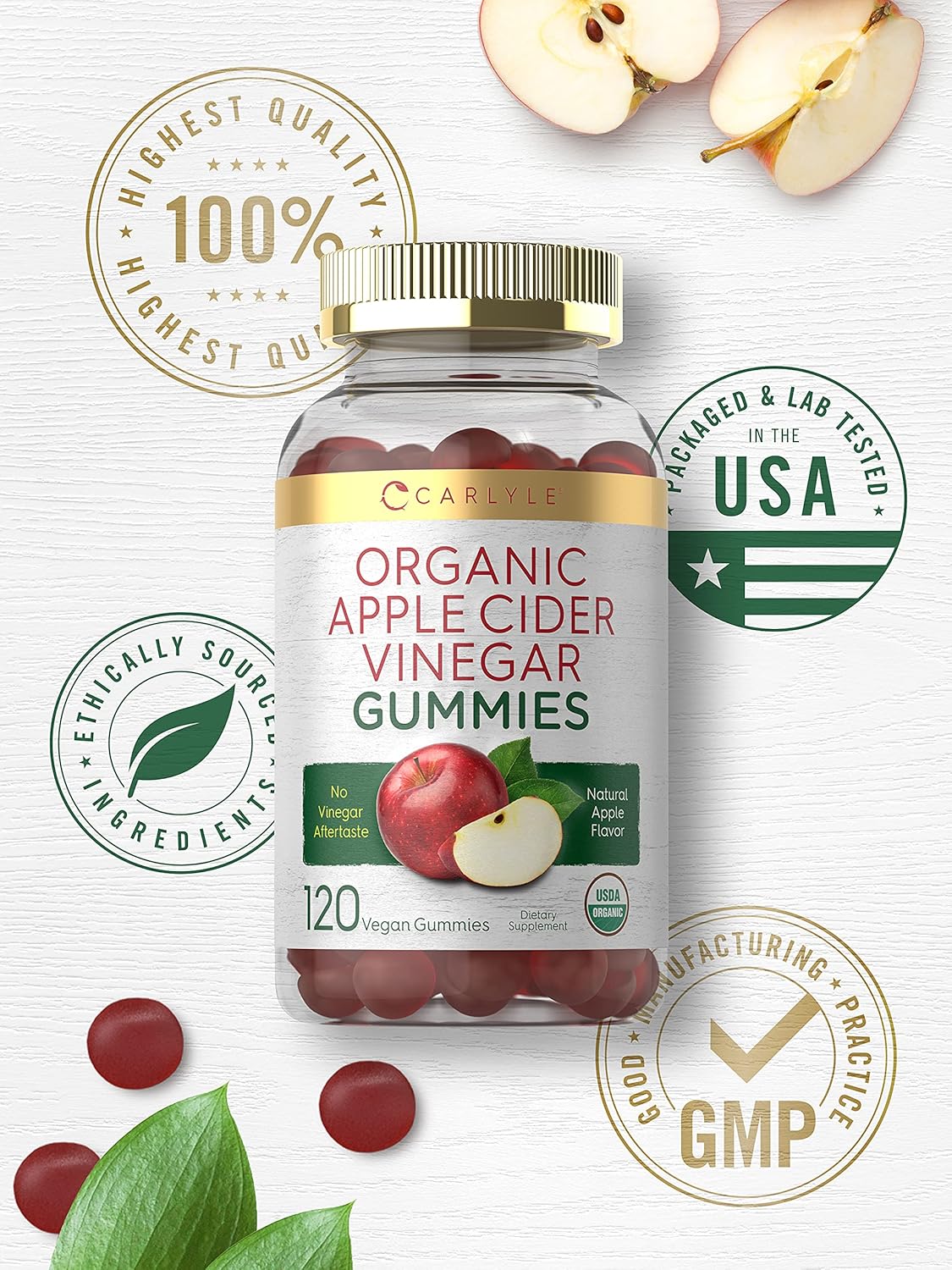 Carlyle Organic Apple Cider Vinegar Gummies | 120 Count | USDA Organic | Vegan, Non-GMO & Gluten-Free ACV Gummies | Apple Flavor : Health & Household