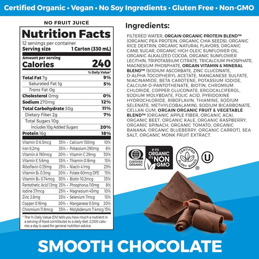 Orgain Organic Nutritional Vegan Protein Shake, Smooth Chocolate - 16G Plant Based Protein, Meal Replacement, 22 Vitamins & Minerals, Fruits & Vegetables, Gluten Free, Non-Gmo, 11 Fl Oz (Pack Of 12)