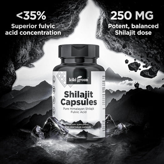 Kiki Green Shilajit Capsules - Himalayan Supplement, 40% Fulvic Acid And Trace Minerals - 500 Mg Per Serving For Strength, Energy, Immunity - 120 Vegan Count