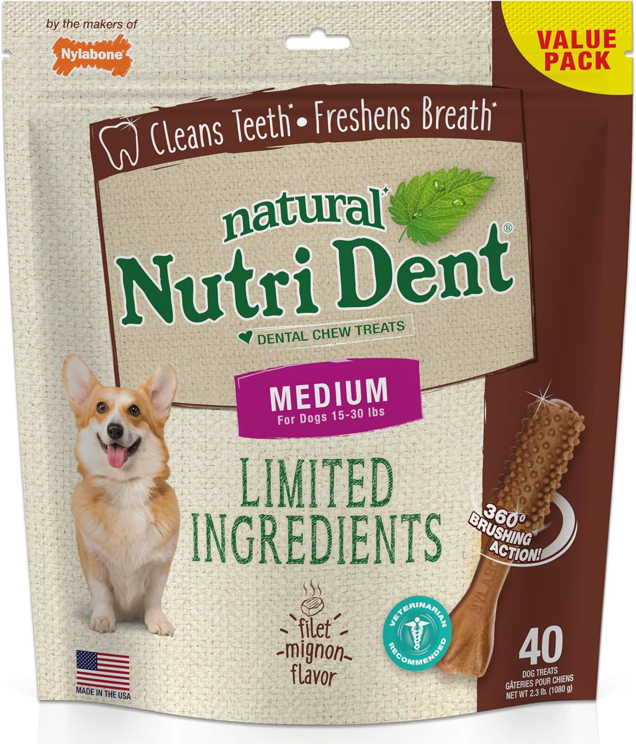 Nylabone Nutri Dent Dog Dental Treats - Natural Dog Teeth Cleaning & Breath Freshener - Dental Treats For Dogs - Filet Mignon Flavor, Medium (40 Count)