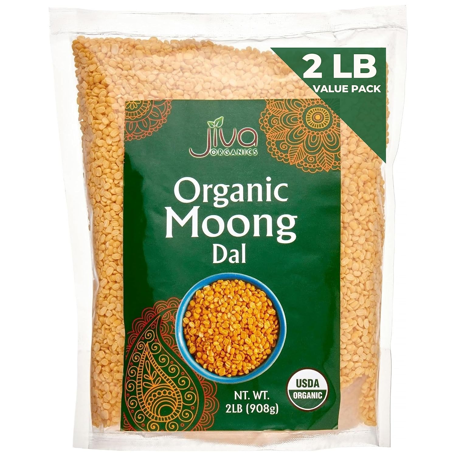 Jiva Organic Yellow Moong Dal 2 Pound - Non-GMO - Great for Kitchari - Split Mung Beans Washed