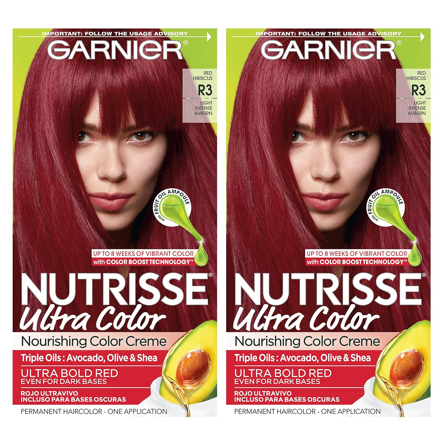 Garnier Hair Color Nutrisse Ultra Color Nourishing Creme, R3 Light Intense Auburn (Red Hibiscus) Permanent Hair Dye, 2 Count (Packaging May Vary)